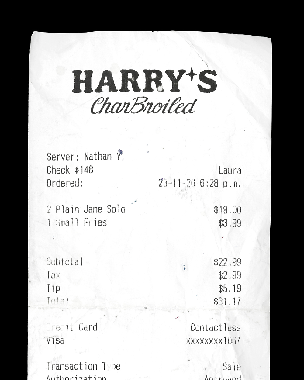 A scan of a harry's receipt showcasing the wordmark